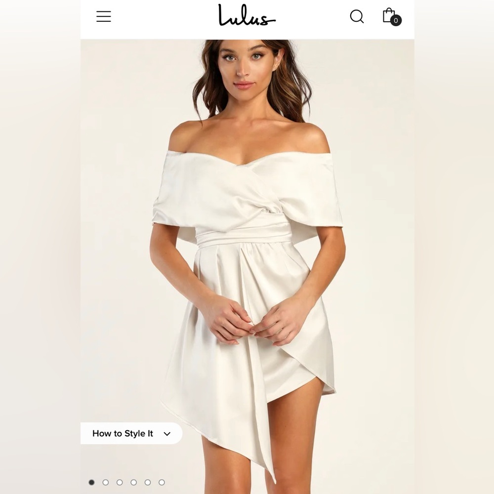 Lulus’s “Always Celebrating” Ivory Satin Off-the-Shoulder Mini Dress